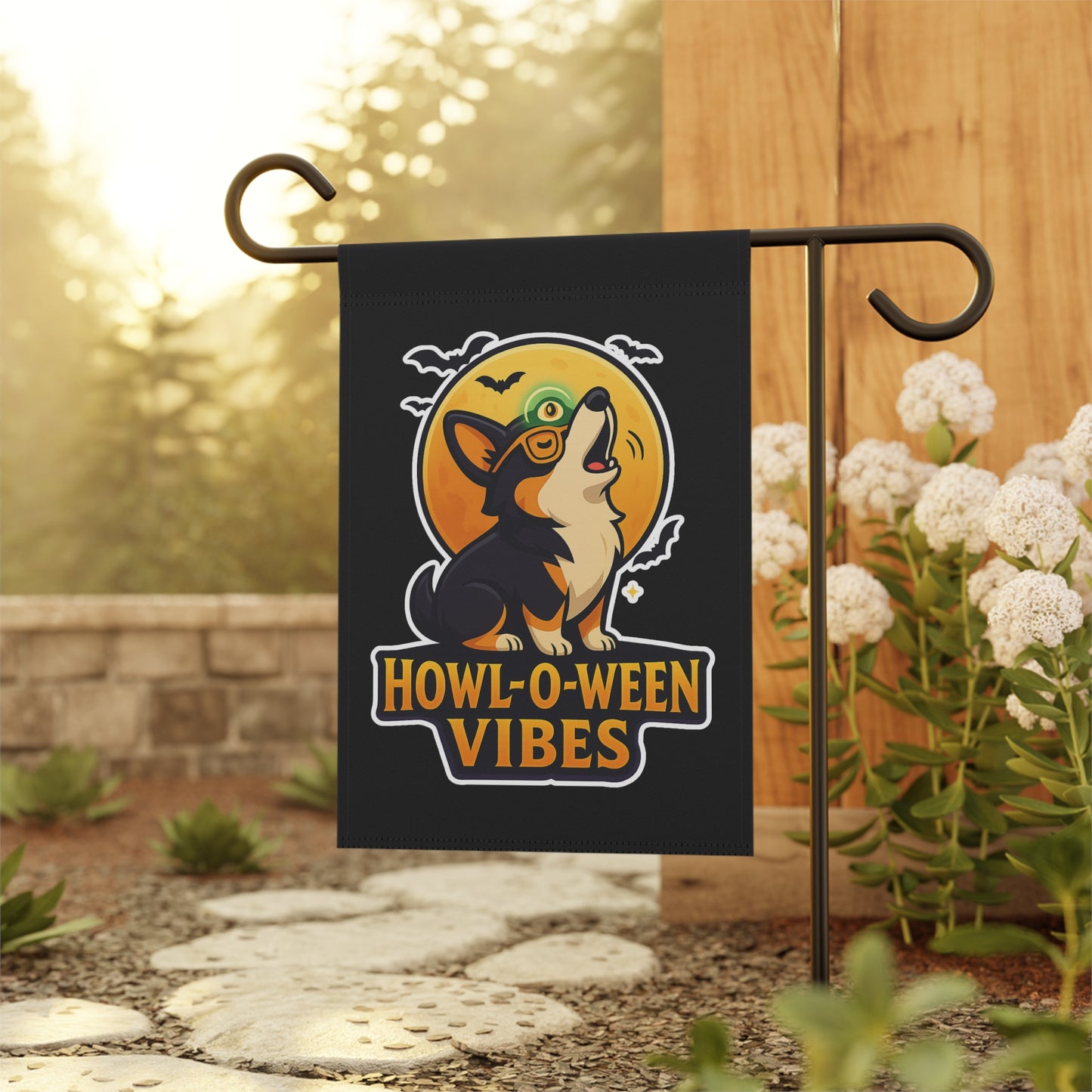 Howl-O-Ween Vibes Garden Banner, Halloween Yard Decor, Dog Lover's Outdoor Flag, Autumn Home Decoration, Festive Corgi Sign