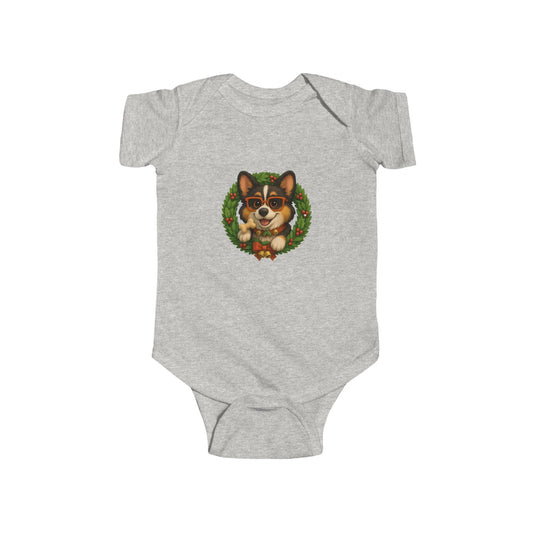 Baby Onesie with Corgi in Christmas Wreath – Holiday Infant Bodysuit