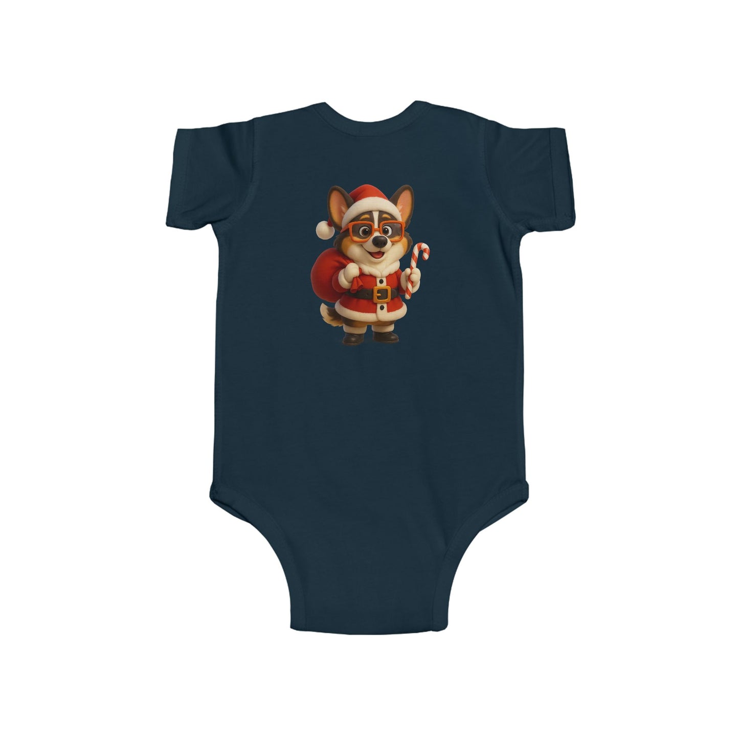 Baby Bodysuit — Cute Corgi Santa with Candy Cane Christmas Onesie