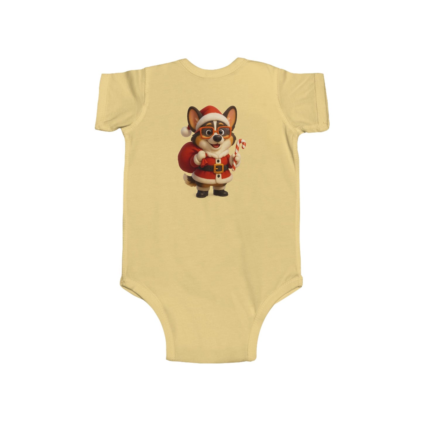 Baby Bodysuit — Cute Corgi Santa with Candy Cane Christmas Onesie