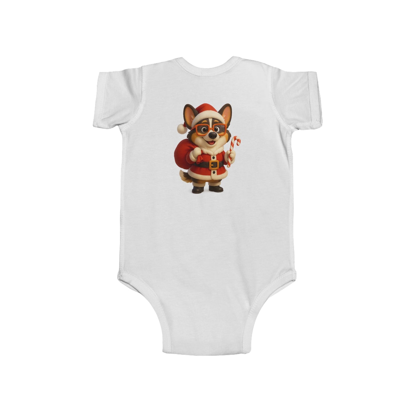 Baby Bodysuit — Cute Corgi Santa with Candy Cane Christmas Onesie