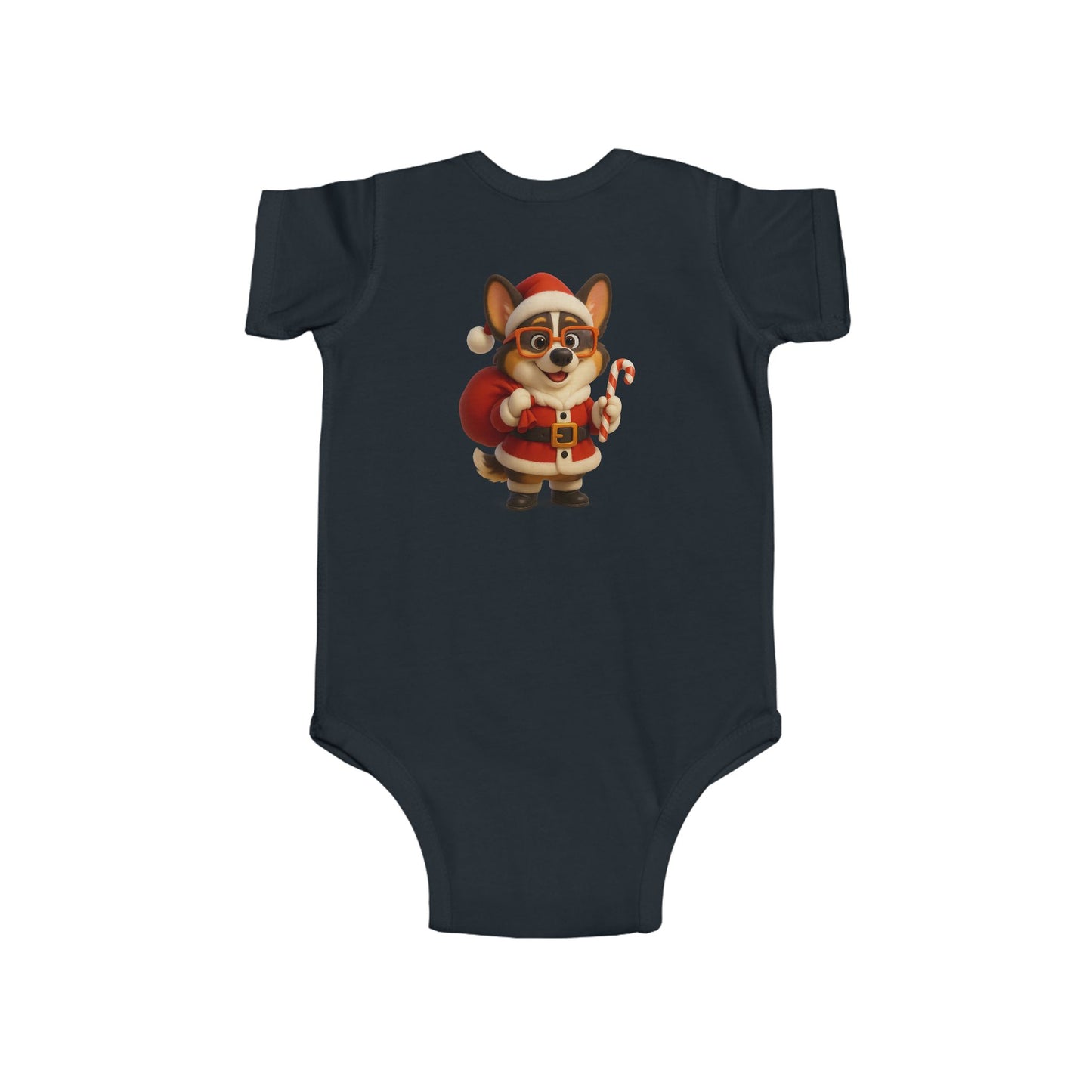 Baby Bodysuit — Cute Corgi Santa with Candy Cane Christmas Onesie