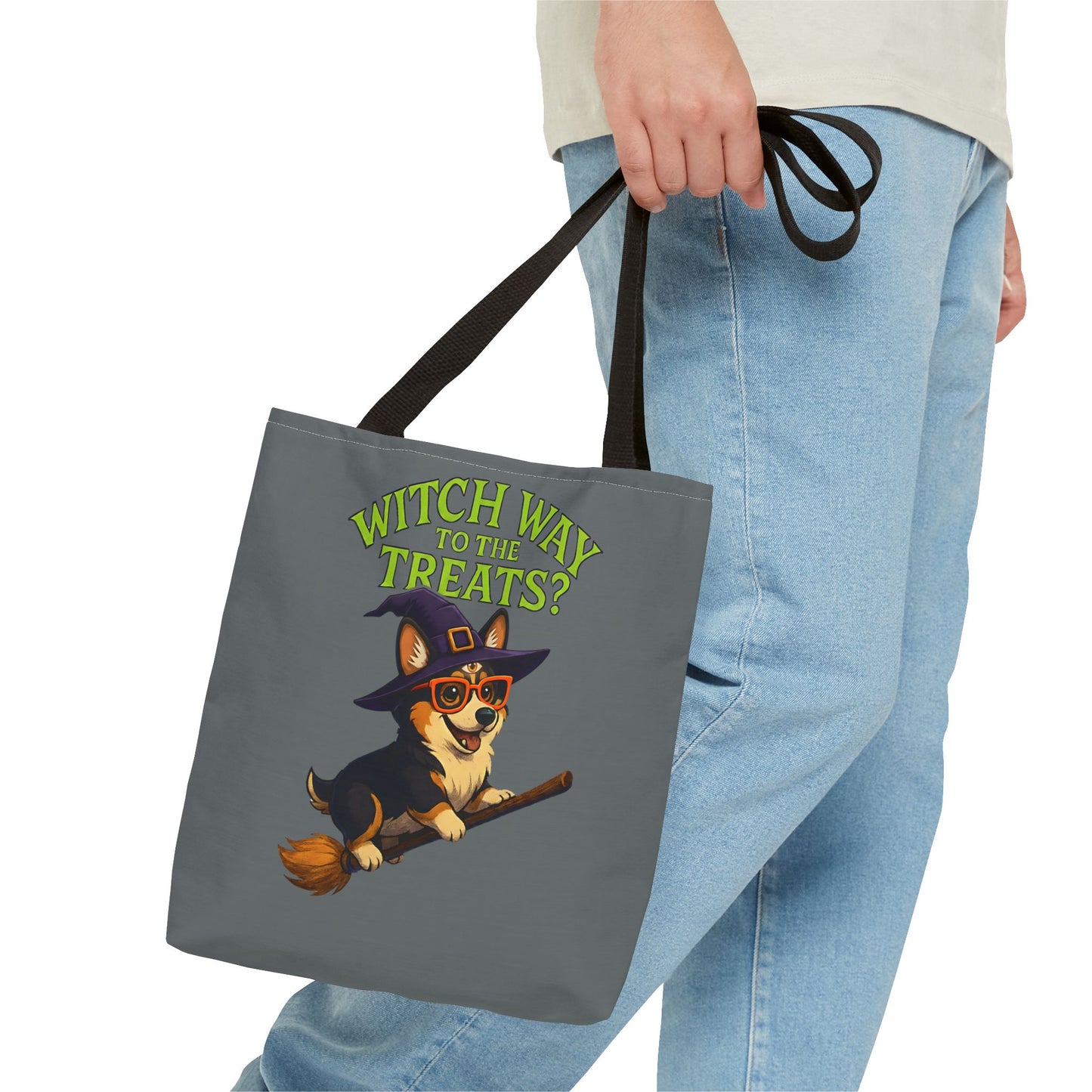 Witch Corgi Tote Bag, Halloween Bag, Dog Lover Gift, Trick or Treat Bag, Cute Corgi Accessories