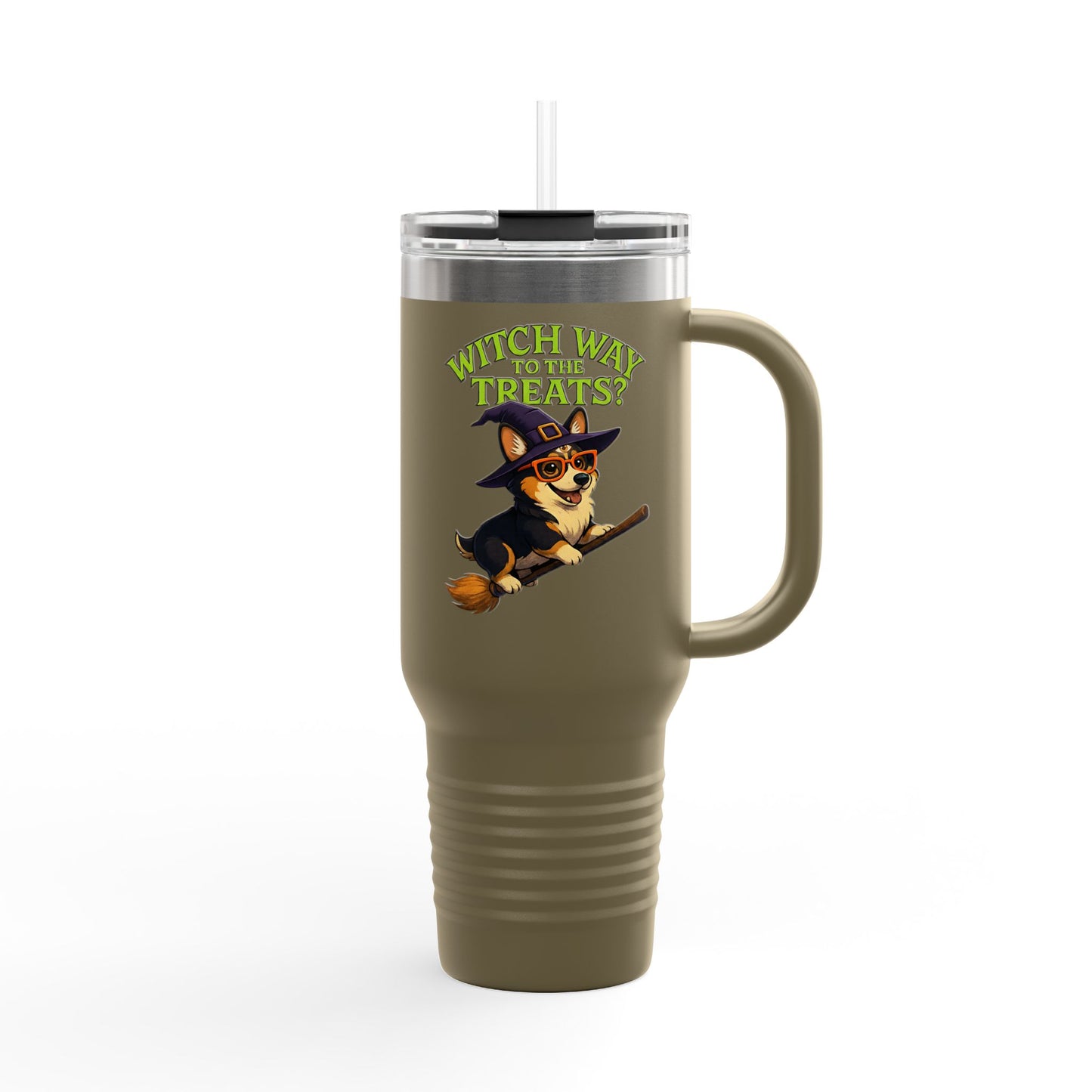 Witchy Corgi Insulated Travel Mug | Halloween Corgi Cup, Funny Dog Travel Mug, Fall Beverage Holder, Gift for Dog Lovers