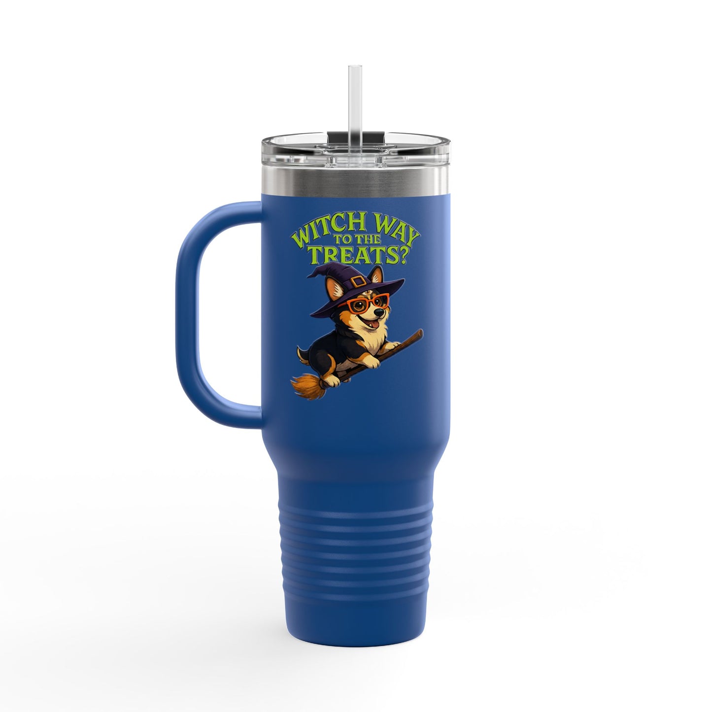 Witchy Corgi Insulated Travel Mug | Halloween Corgi Cup, Funny Dog Travel Mug, Fall Beverage Holder, Gift for Dog Lovers