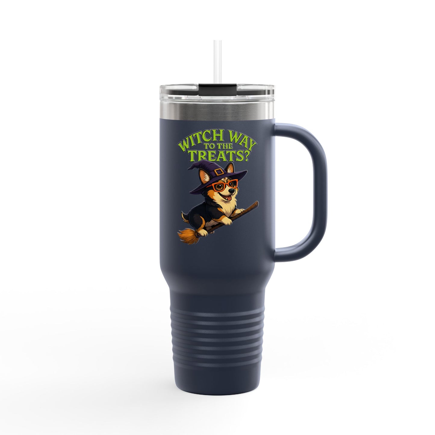 Witchy Corgi Insulated Travel Mug | Halloween Corgi Cup, Funny Dog Travel Mug, Fall Beverage Holder, Gift for Dog Lovers