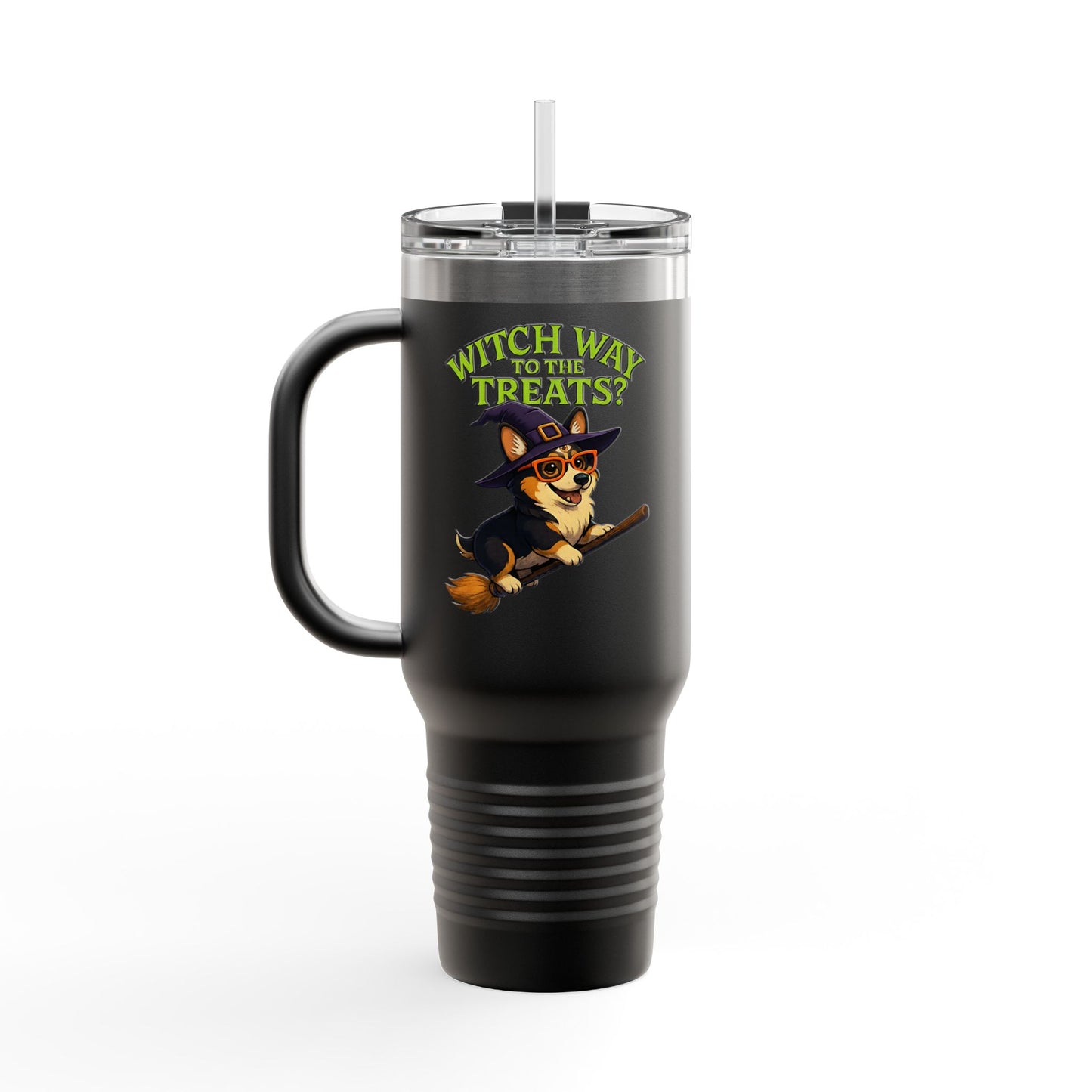 Witchy Corgi Insulated Travel Mug | Halloween Corgi Cup, Funny Dog Travel Mug, Fall Beverage Holder, Gift for Dog Lovers