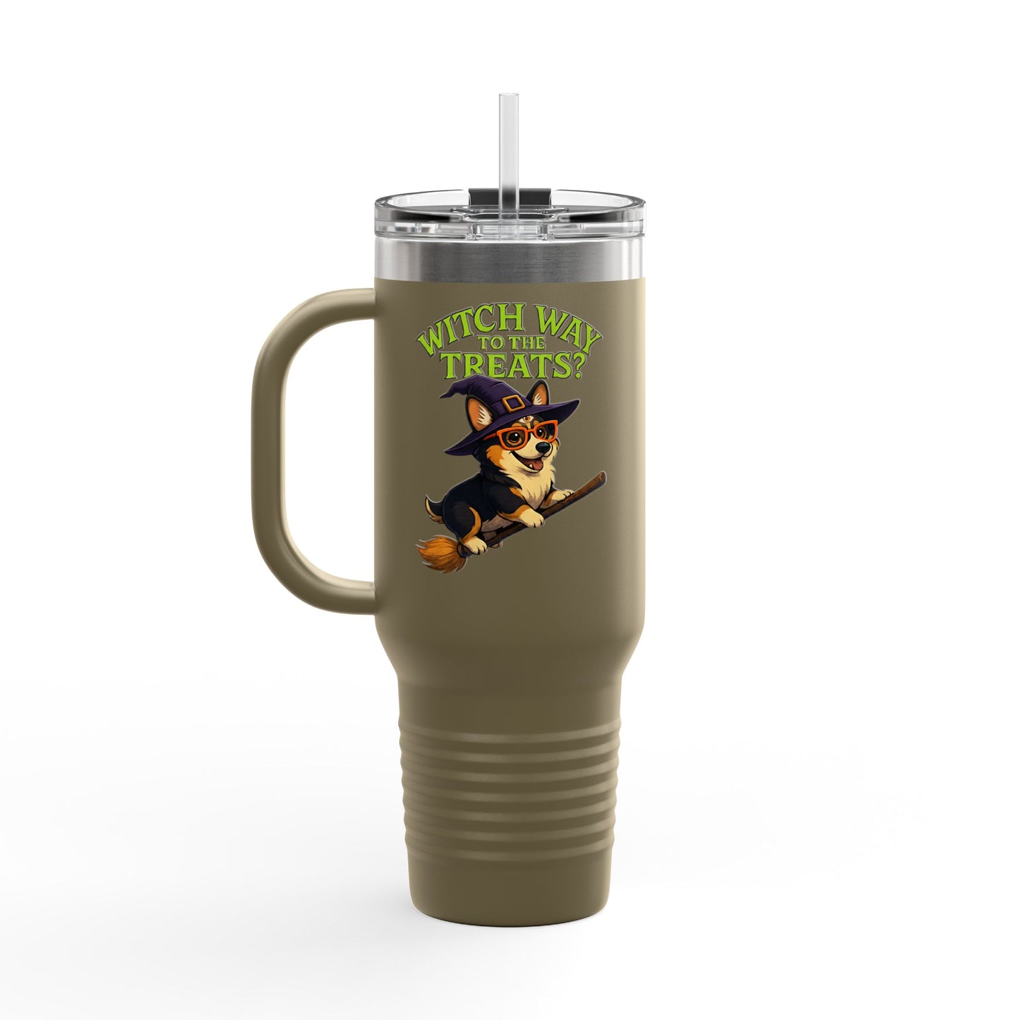 Witchy Corgi Insulated Travel Mug | Halloween Corgi Cup, Funny Dog Travel Mug, Fall Beverage Holder, Gift for Dog Lovers