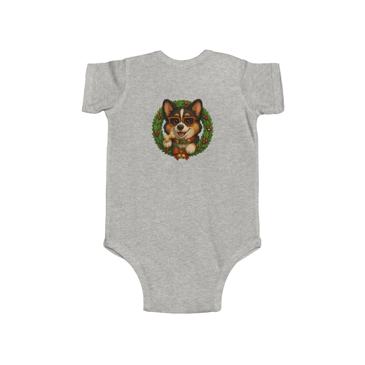 Baby Onesie with Corgi in Christmas Wreath – Holiday Infant Bodysuit