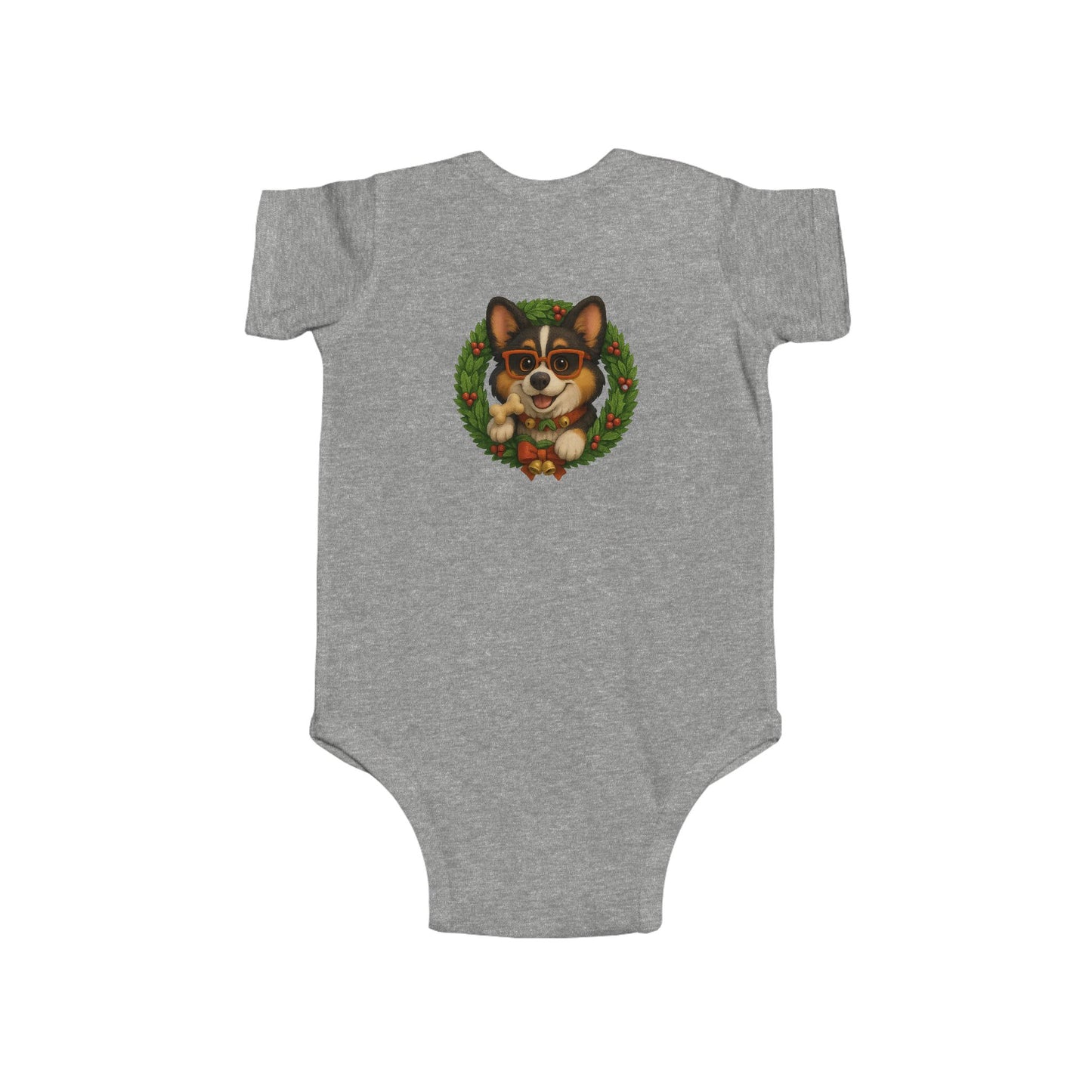 Baby Onesie with Corgi in Christmas Wreath – Holiday Infant Bodysuit