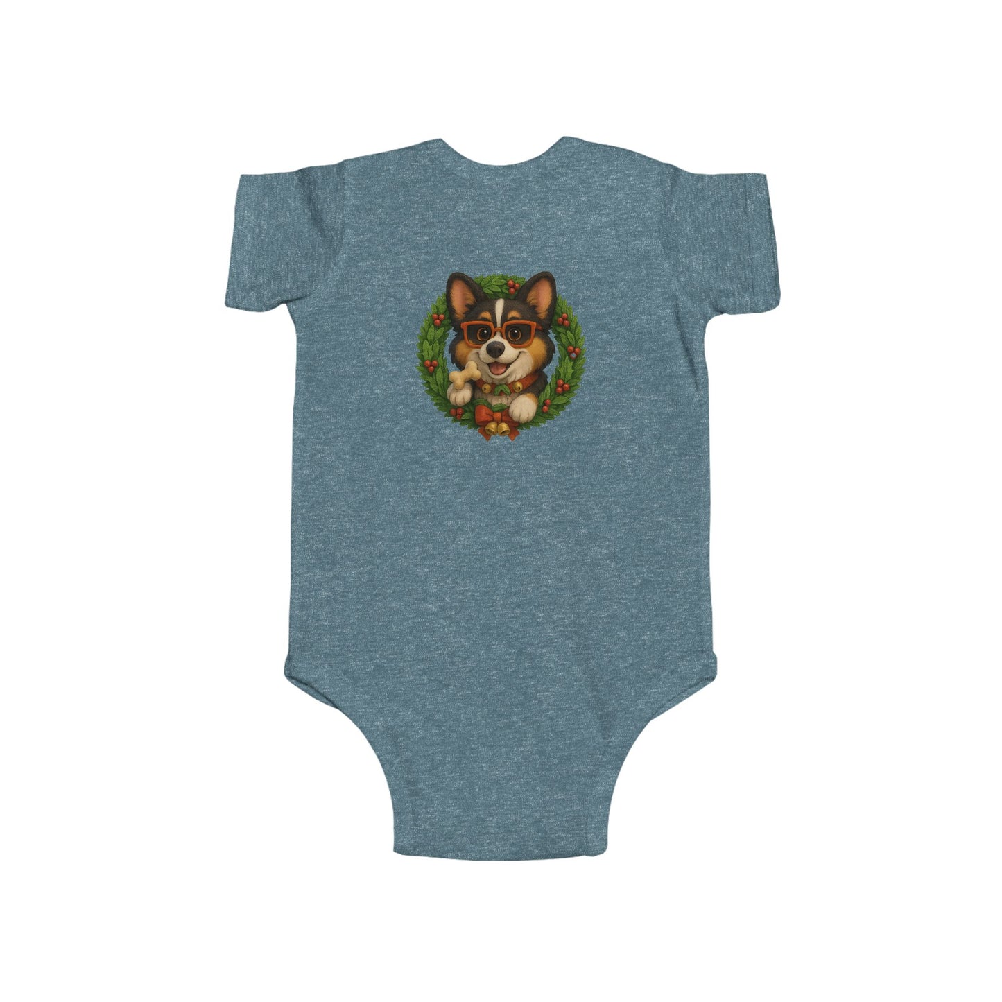 Baby Onesie with Corgi in Christmas Wreath – Holiday Infant Bodysuit