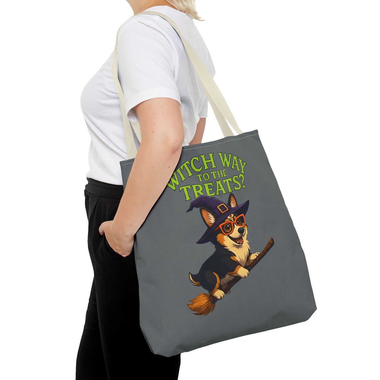 Witch Corgi Tote Bag, Halloween Bag, Dog Lover Gift, Trick or Treat Bag, Cute Corgi Accessories