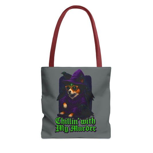 Chillin' with My Murder Tote Bag, Cute Dog Lover Bag, Halloween Tote, Witch Theme Bag, Stylish Pet Lover Gift