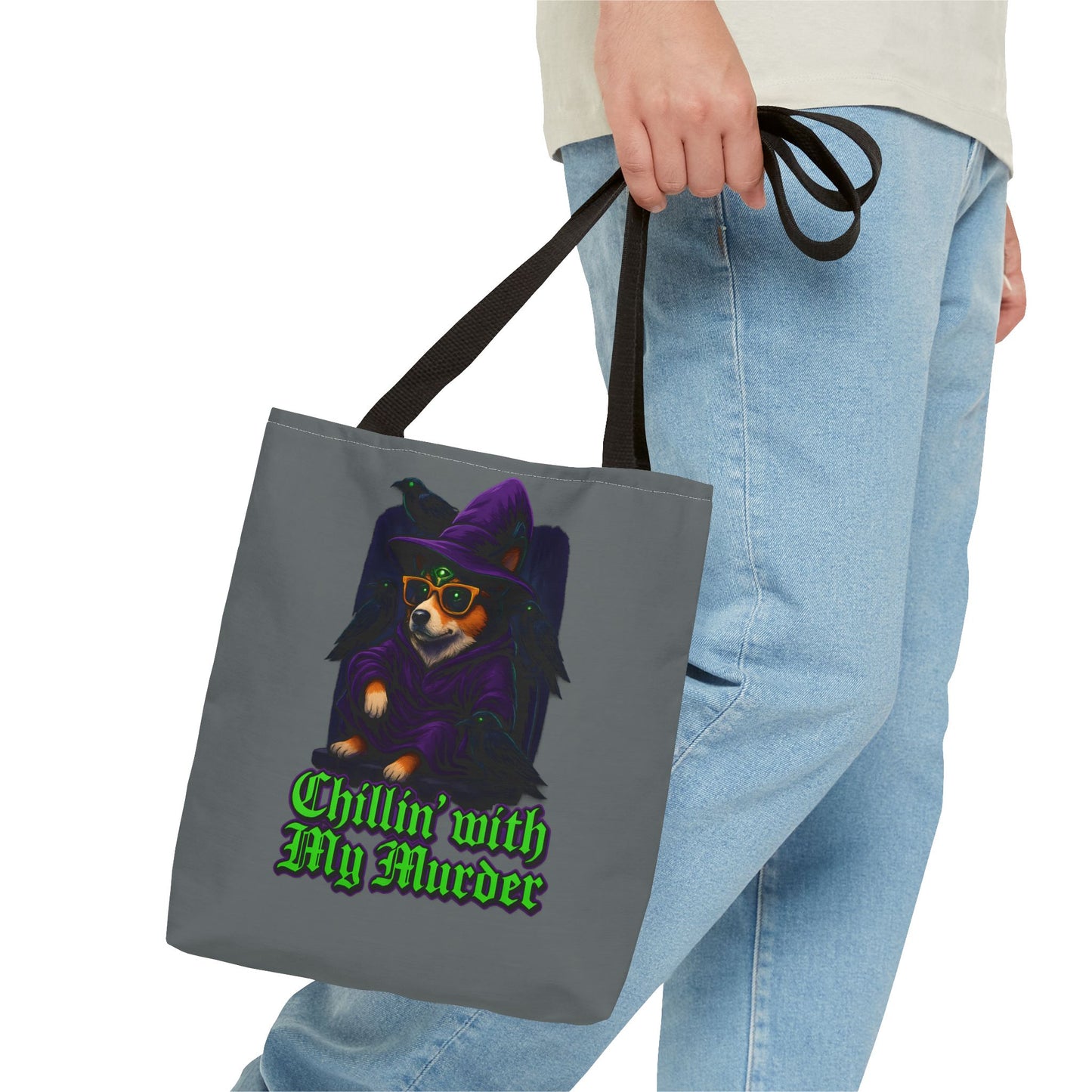 Chillin' with My Murder Tote Bag, Cute Dog Lover Bag, Halloween Tote, Witch Theme Bag, Stylish Pet Lover Gift