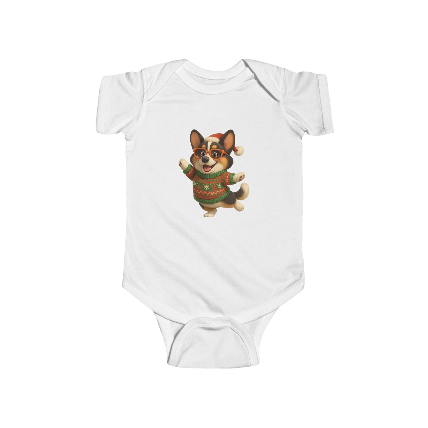 Infant Bodysuit — Festive Corgi in Christmas Sweater
