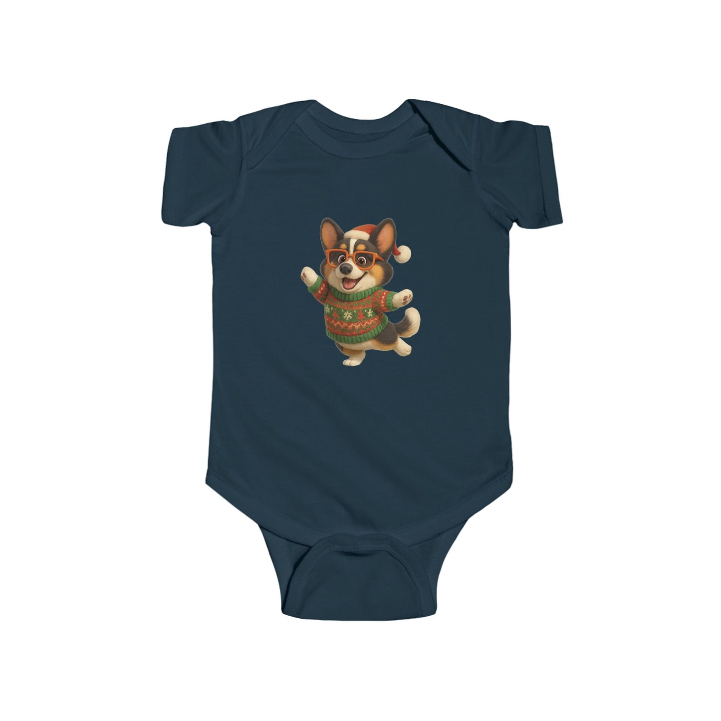 Infant Bodysuit — Festive Corgi in Christmas Sweater