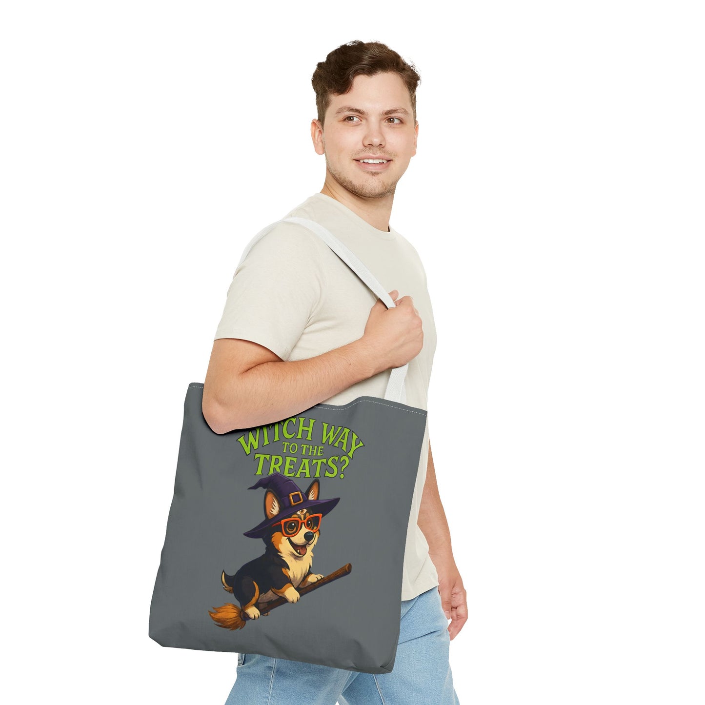 Witch Corgi Tote Bag, Halloween Bag, Dog Lover Gift, Trick or Treat Bag, Cute Corgi Accessories