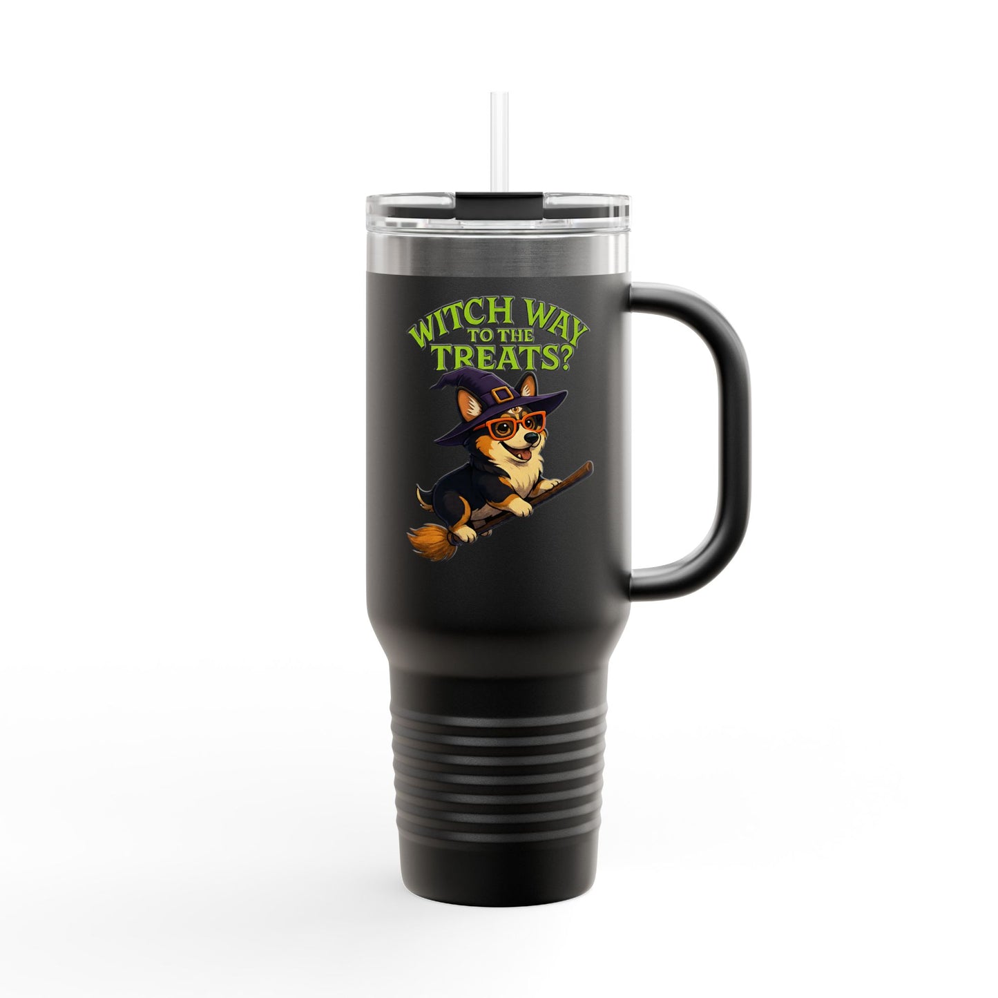 Witchy Corgi Insulated Travel Mug | Halloween Corgi Cup, Funny Dog Travel Mug, Fall Beverage Holder, Gift for Dog Lovers
