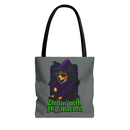 Chillin' with My Murder Tote Bag, Cute Dog Lover Bag, Halloween Tote, Witch Theme Bag, Stylish Pet Lover Gift