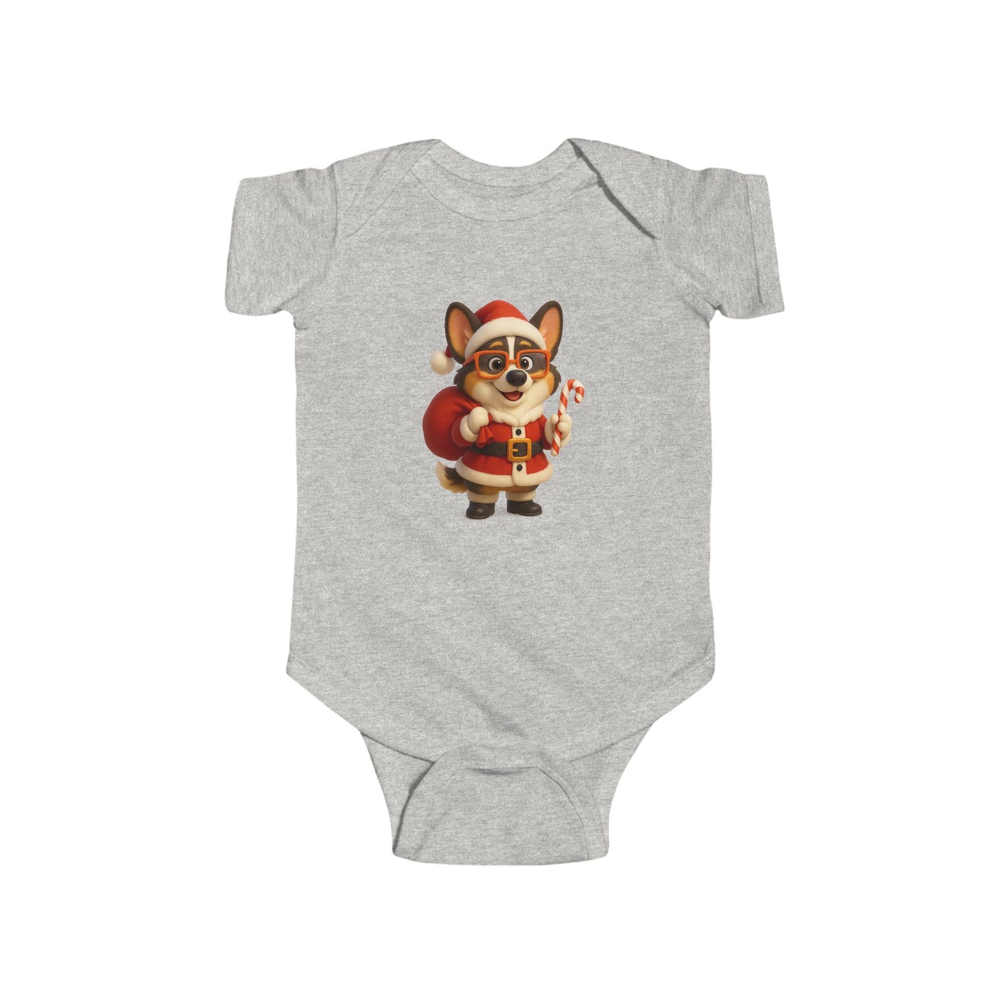 Baby Bodysuit — Cute Corgi Santa with Candy Cane Christmas Onesie