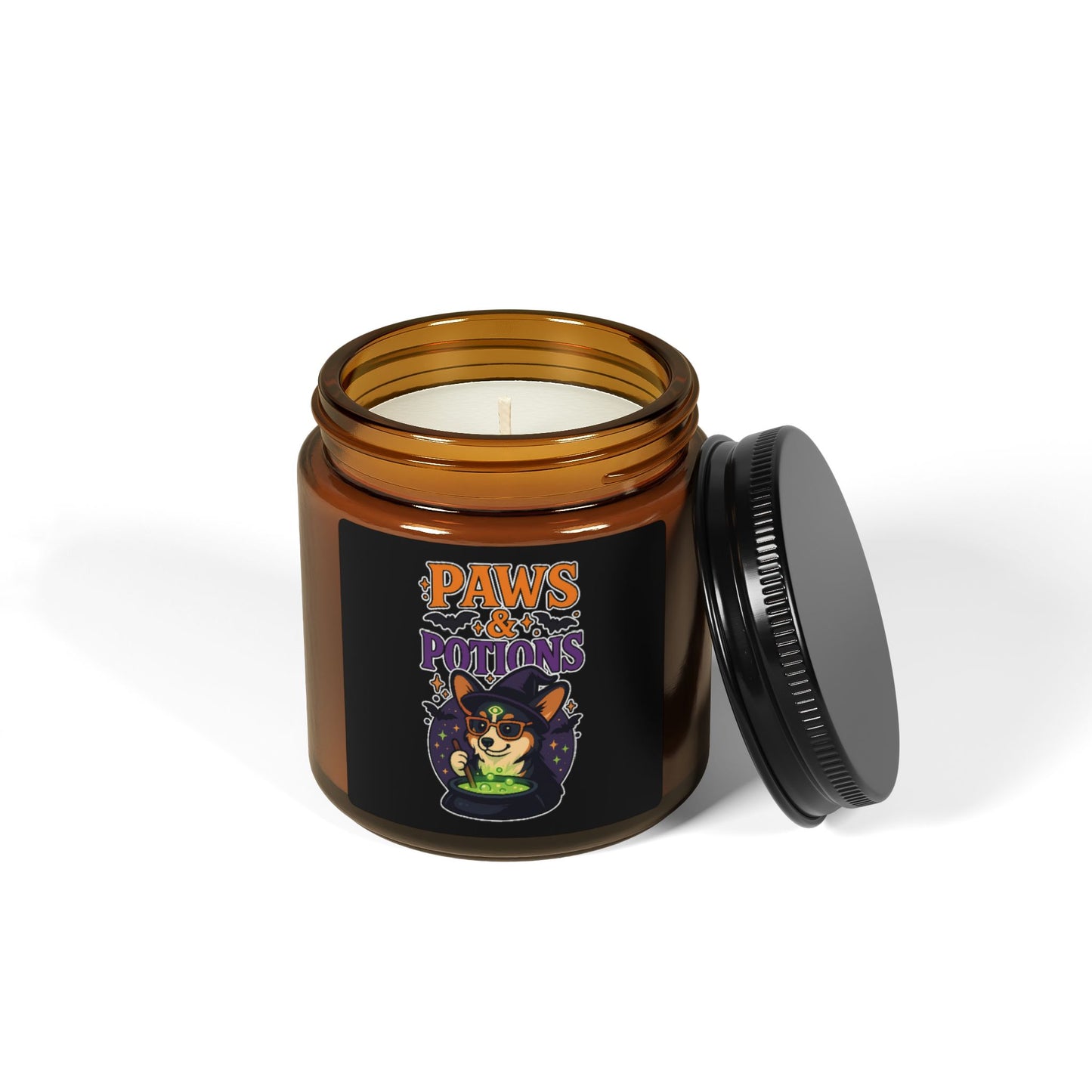 Spooky Paws & Potions Scented Soy Candle, Halloween Decor, Cozy Home Fragrance, Gift for Dog Lovers, Amber Jar Candle