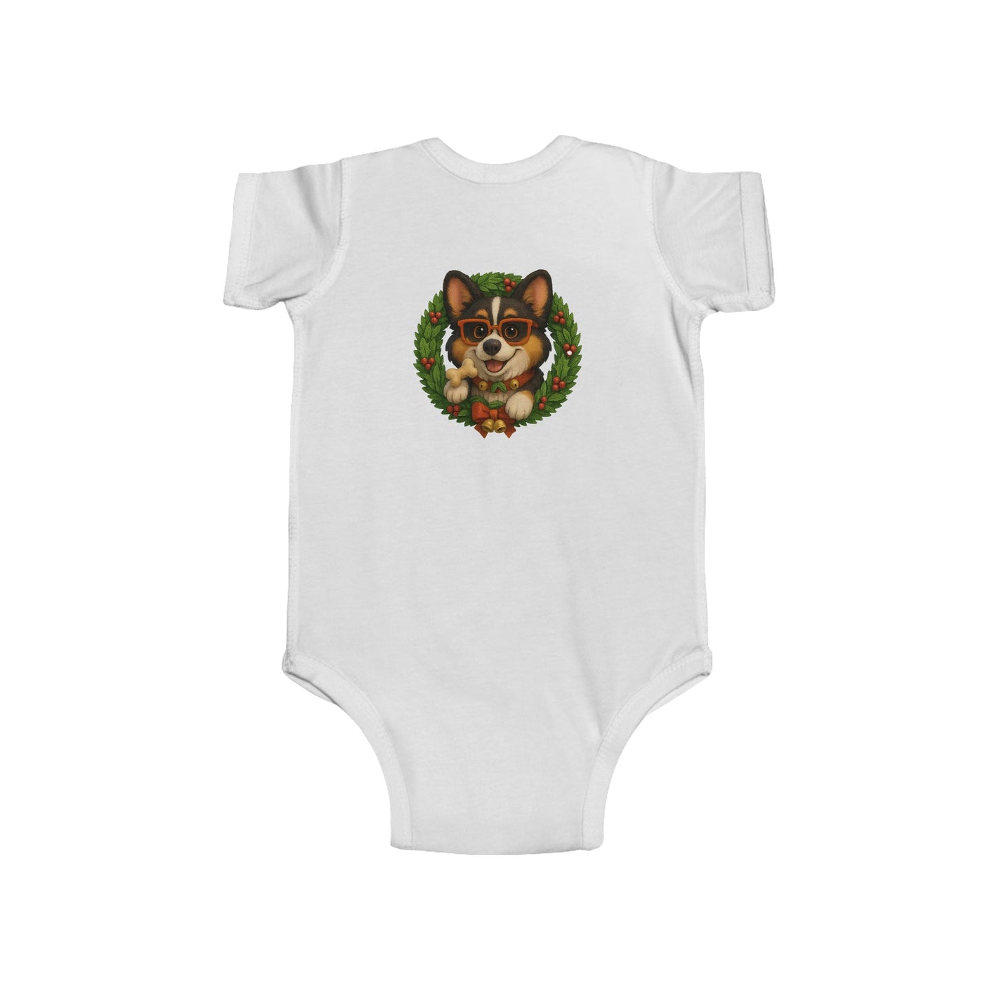 Baby Onesie with Corgi in Christmas Wreath – Holiday Infant Bodysuit