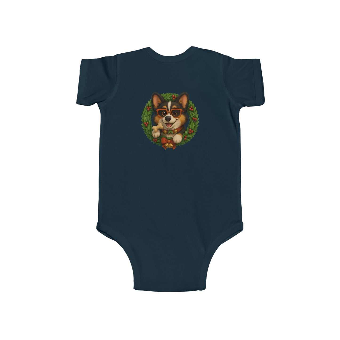 Baby Onesie with Corgi in Christmas Wreath – Holiday Infant Bodysuit