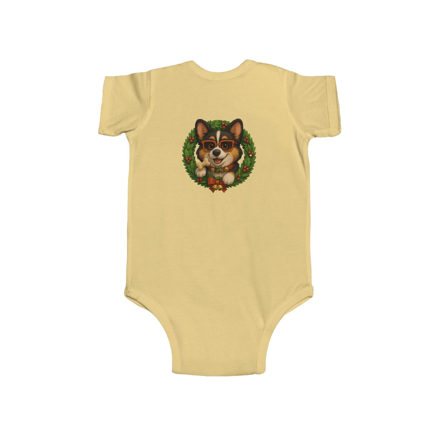 Baby Onesie with Corgi in Christmas Wreath – Holiday Infant Bodysuit