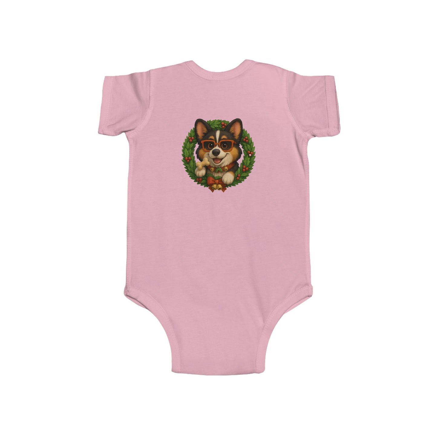 Baby Onesie with Corgi in Christmas Wreath – Holiday Infant Bodysuit