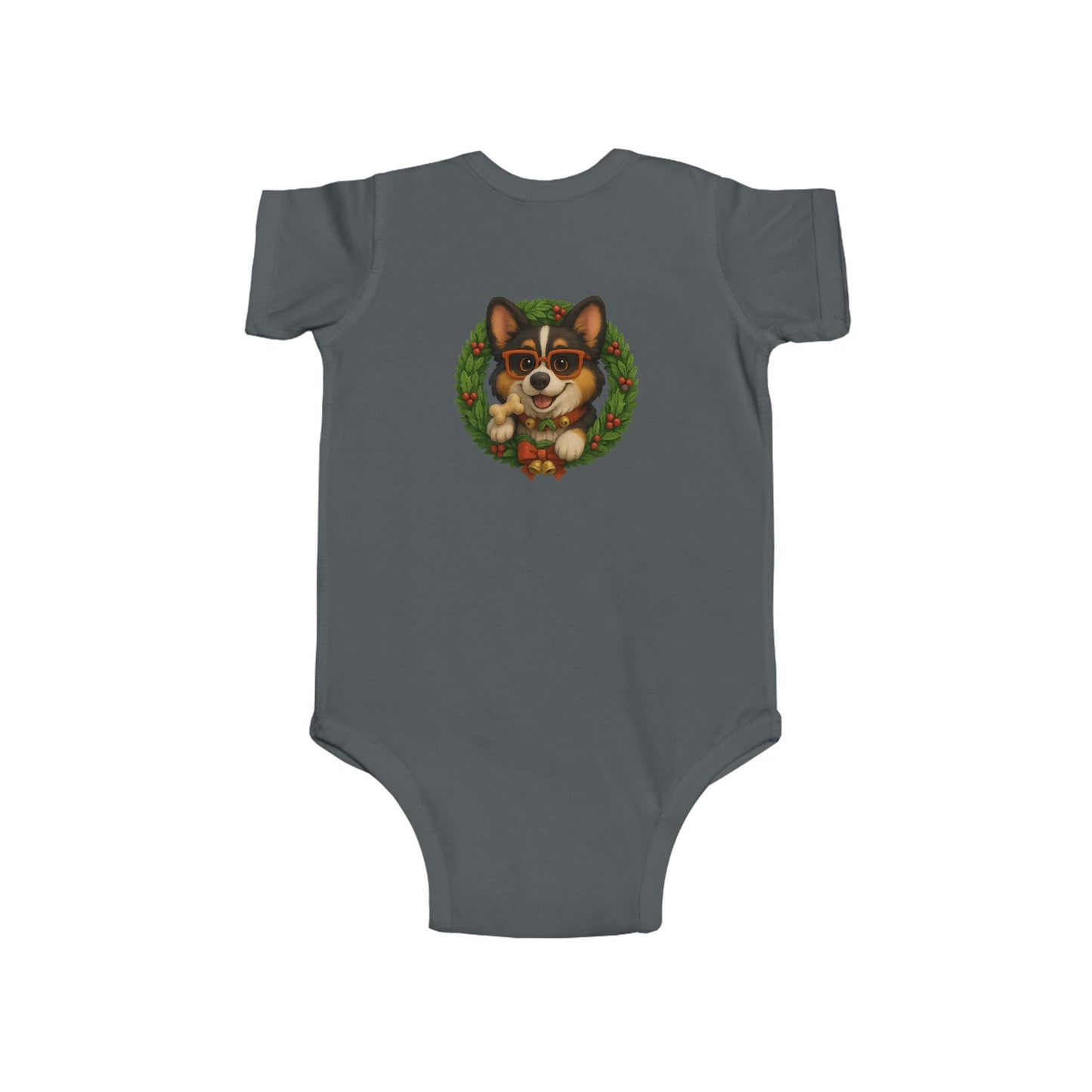 Baby Onesie with Corgi in Christmas Wreath – Holiday Infant Bodysuit