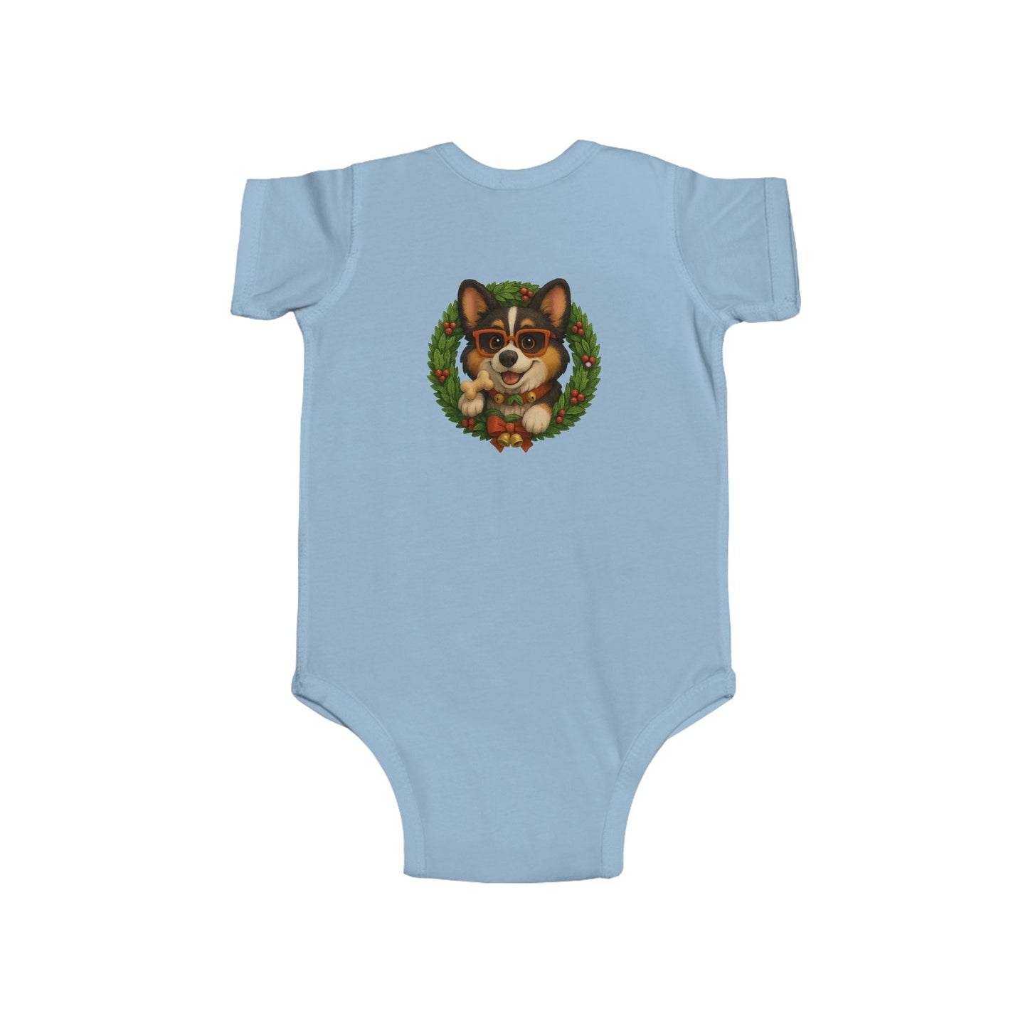 Baby Onesie with Corgi in Christmas Wreath – Holiday Infant Bodysuit