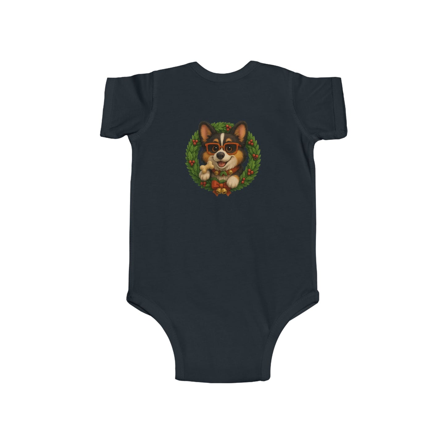 Baby Onesie with Corgi in Christmas Wreath – Holiday Infant Bodysuit