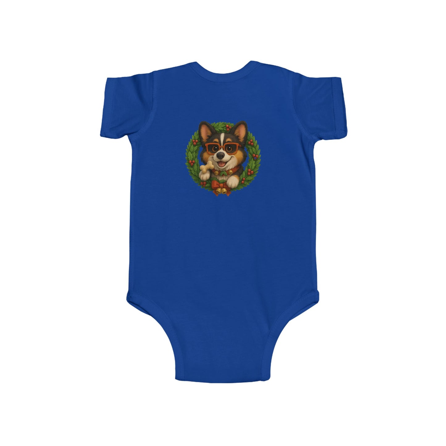 Baby Onesie with Corgi in Christmas Wreath – Holiday Infant Bodysuit