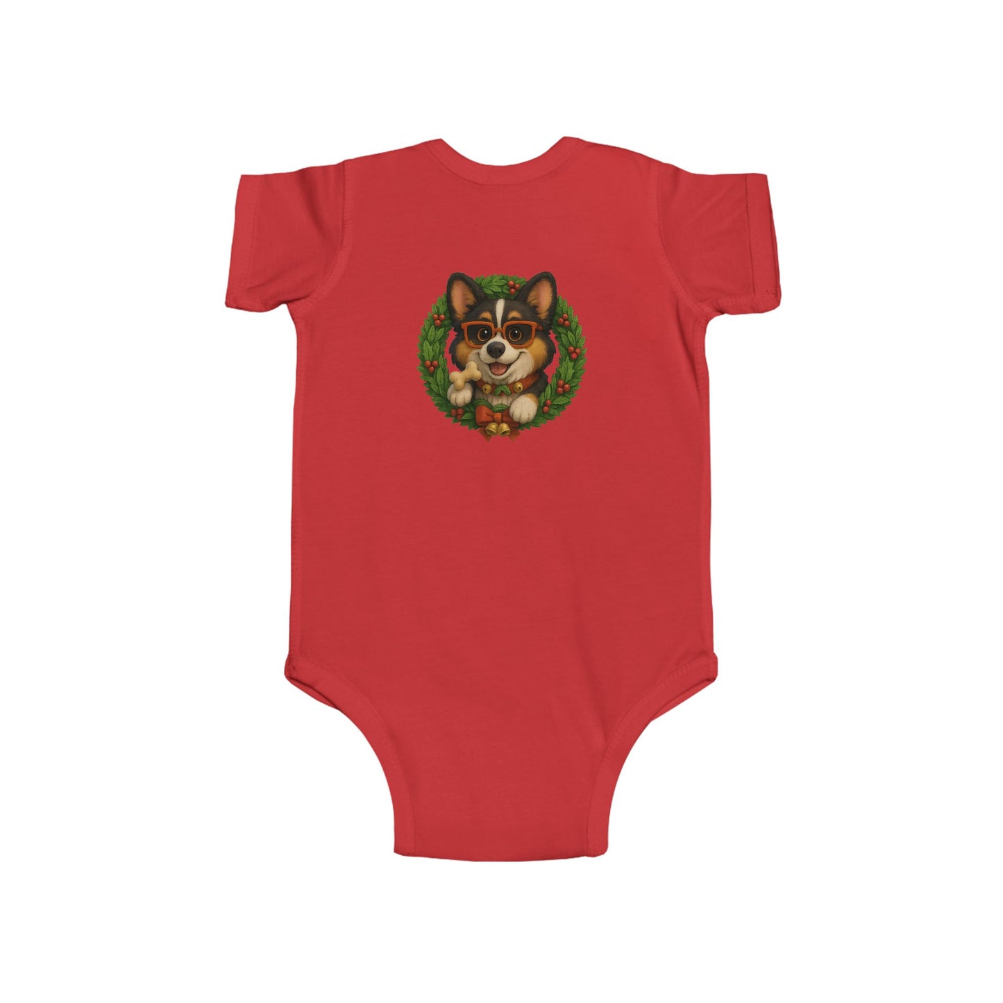 Baby Onesie with Corgi in Christmas Wreath – Holiday Infant Bodysuit