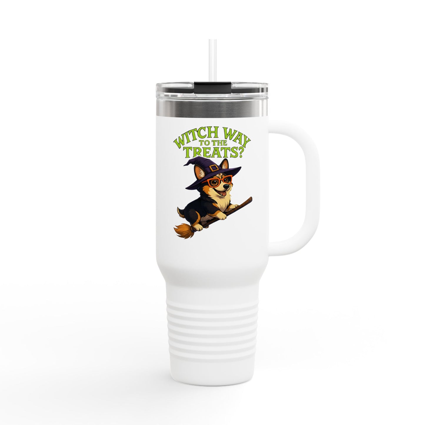 Witchy Corgi Insulated Travel Mug | Halloween Corgi Cup, Funny Dog Travel Mug, Fall Beverage Holder, Gift for Dog Lovers
