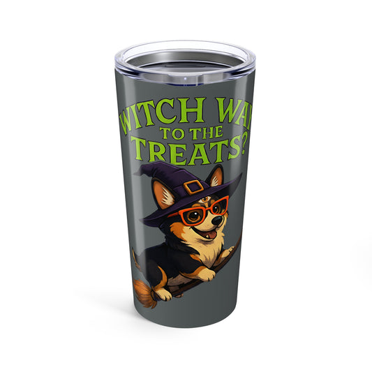Halloween Corgi Tumbler, Witch Way to the Treats Drinkware, Cute Dog Gift, Fall Coffee Cup, Animal Lover Travel Mug