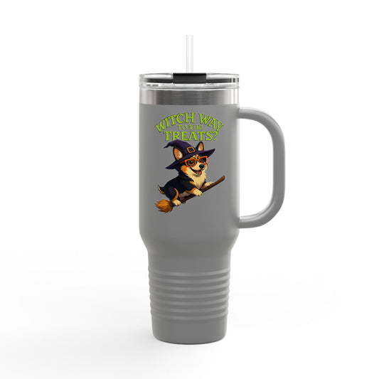 Witchy Corgi Insulated Travel Mug | Halloween Corgi Cup, Funny Dog Travel Mug, Fall Beverage Holder, Gift for Dog Lovers