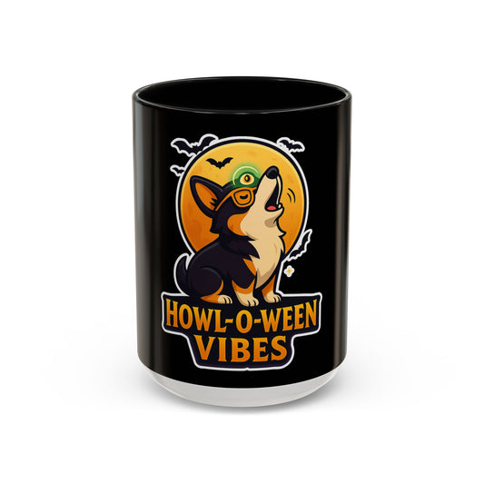 Howl-O-Ween Vibes Coffee Mug, Halloween Mug, Dog Lover Gift, Black Accent Coffee Cup, Unique Pet Owner Mug, Cute Halloween Decoration