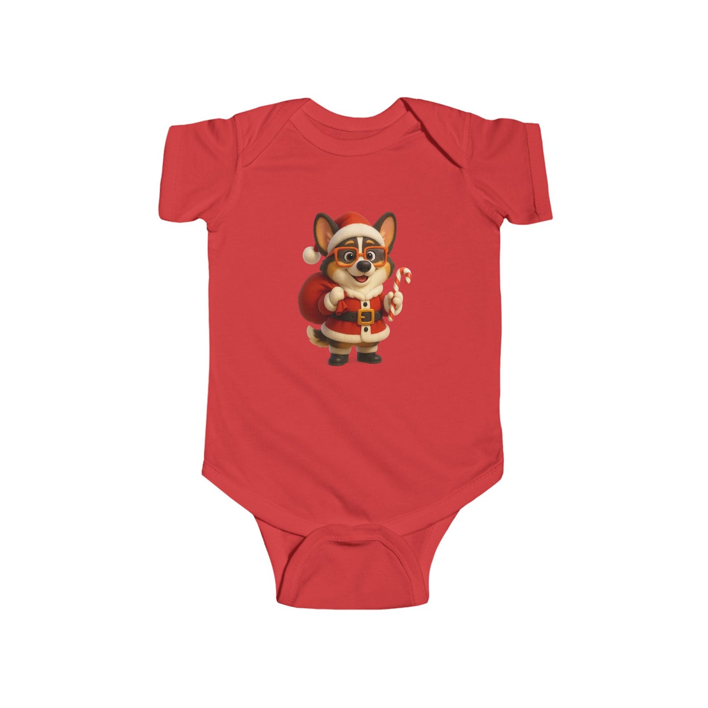 Baby Bodysuit — Cute Corgi Santa with Candy Cane Christmas Onesie