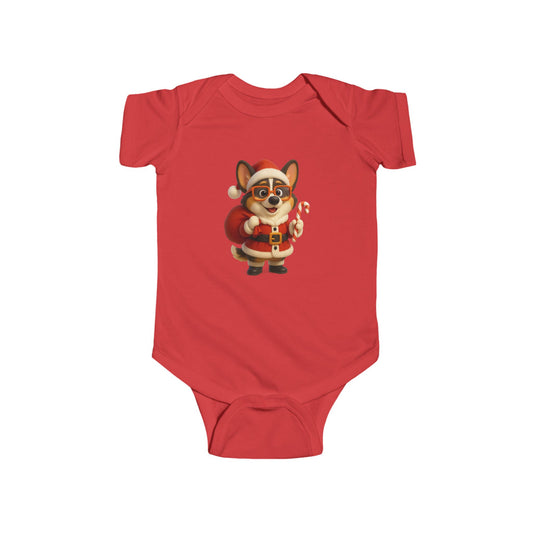 Baby Bodysuit — Cute Corgi Santa with Candy Cane Christmas Onesie