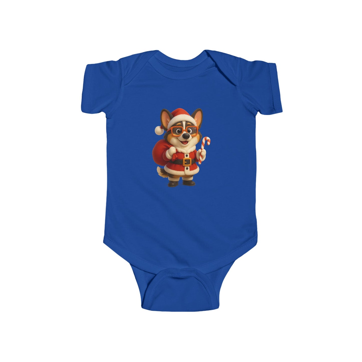 Baby Bodysuit — Cute Corgi Santa with Candy Cane Christmas Onesie