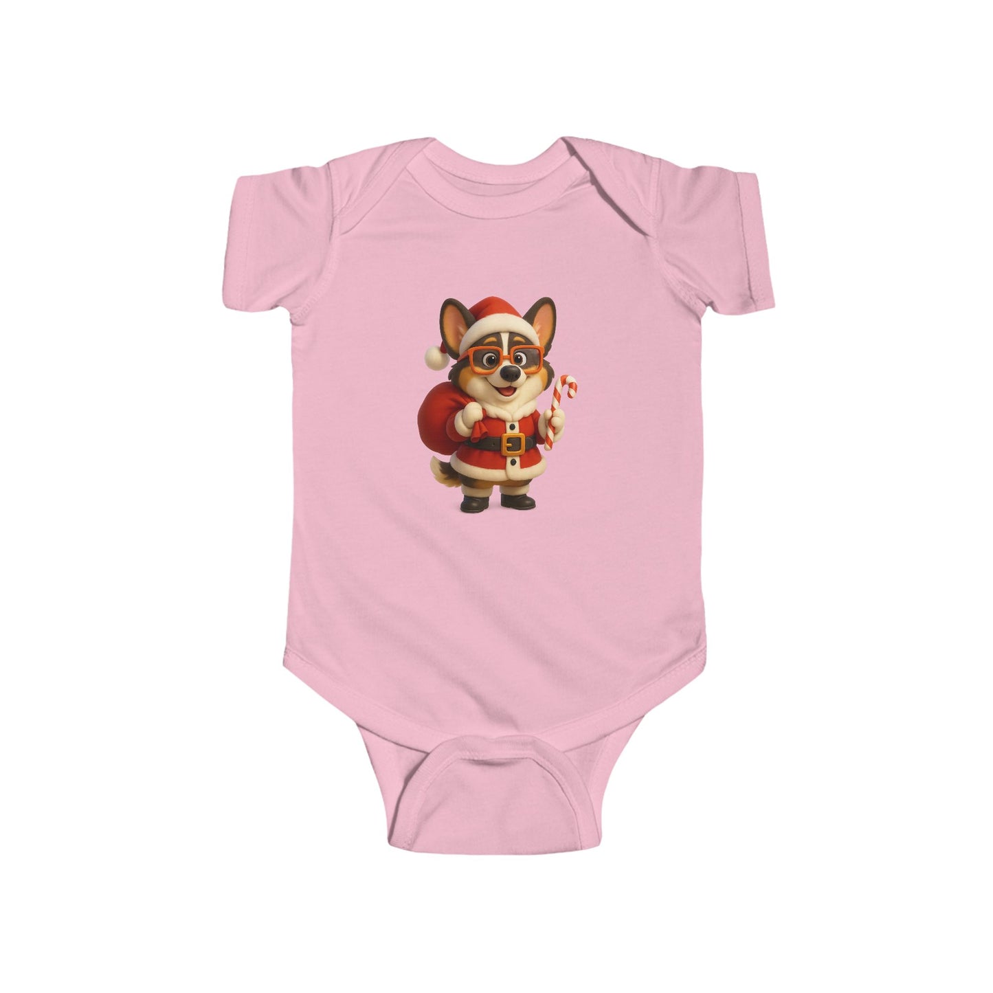 Baby Bodysuit — Cute Corgi Santa with Candy Cane Christmas Onesie