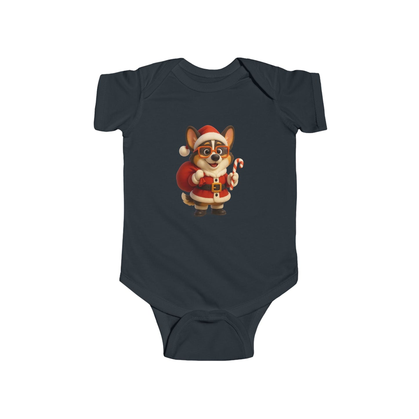 Baby Bodysuit — Cute Corgi Santa with Candy Cane Christmas Onesie