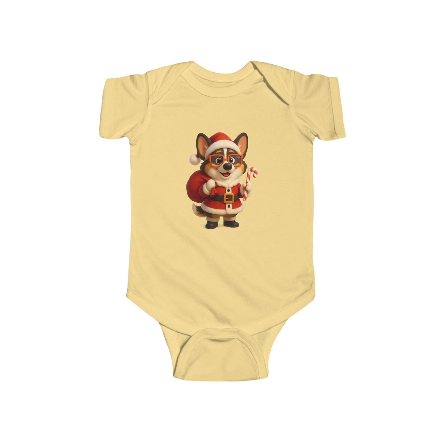 Baby Bodysuit — Cute Corgi Santa with Candy Cane Christmas Onesie