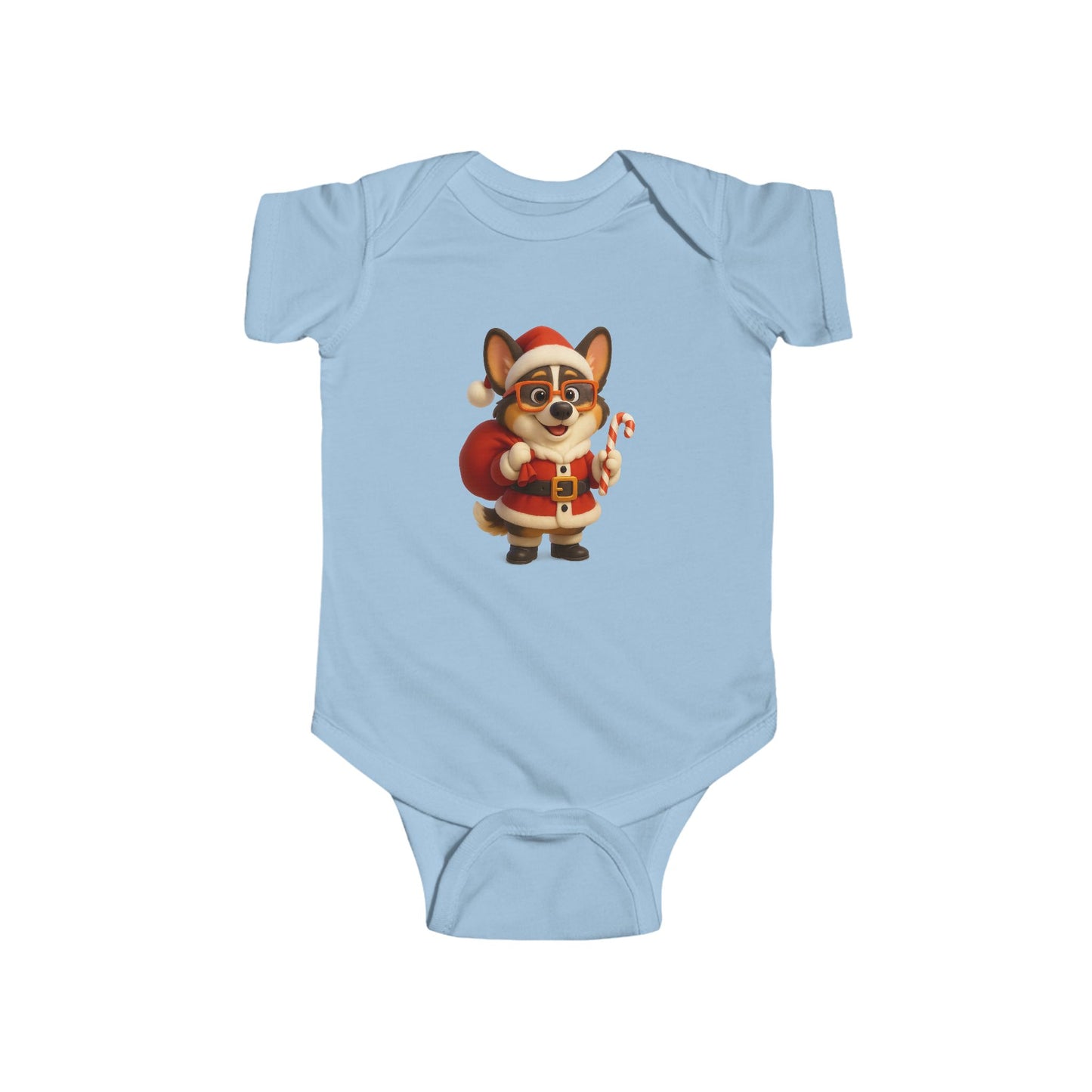 Baby Bodysuit — Cute Corgi Santa with Candy Cane Christmas Onesie