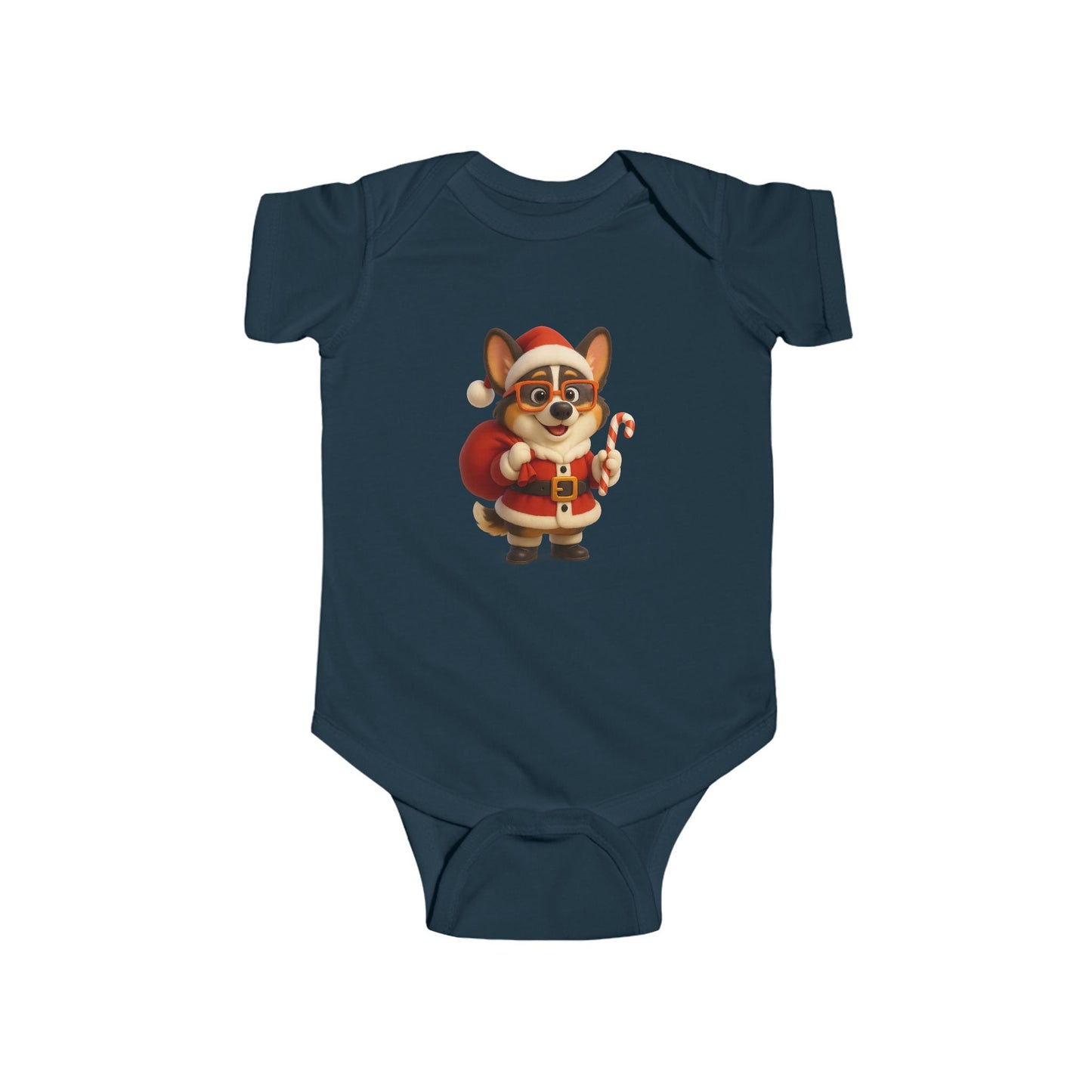Baby Bodysuit — Cute Corgi Santa with Candy Cane Christmas Onesie
