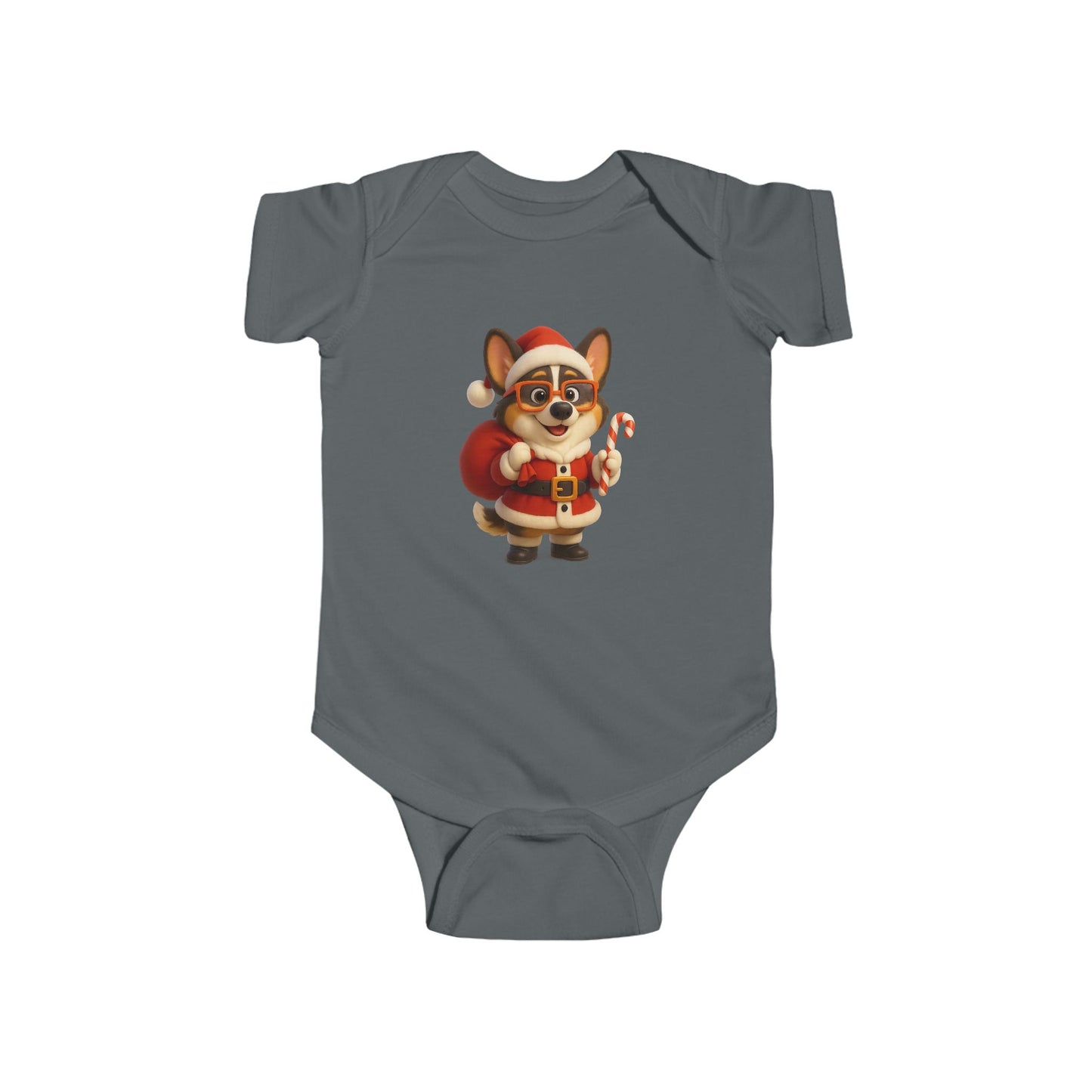 Baby Bodysuit — Cute Corgi Santa with Candy Cane Christmas Onesie