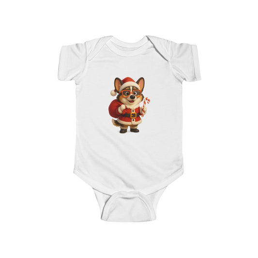 Baby Bodysuit — Cute Corgi Santa with Candy Cane Christmas Onesie