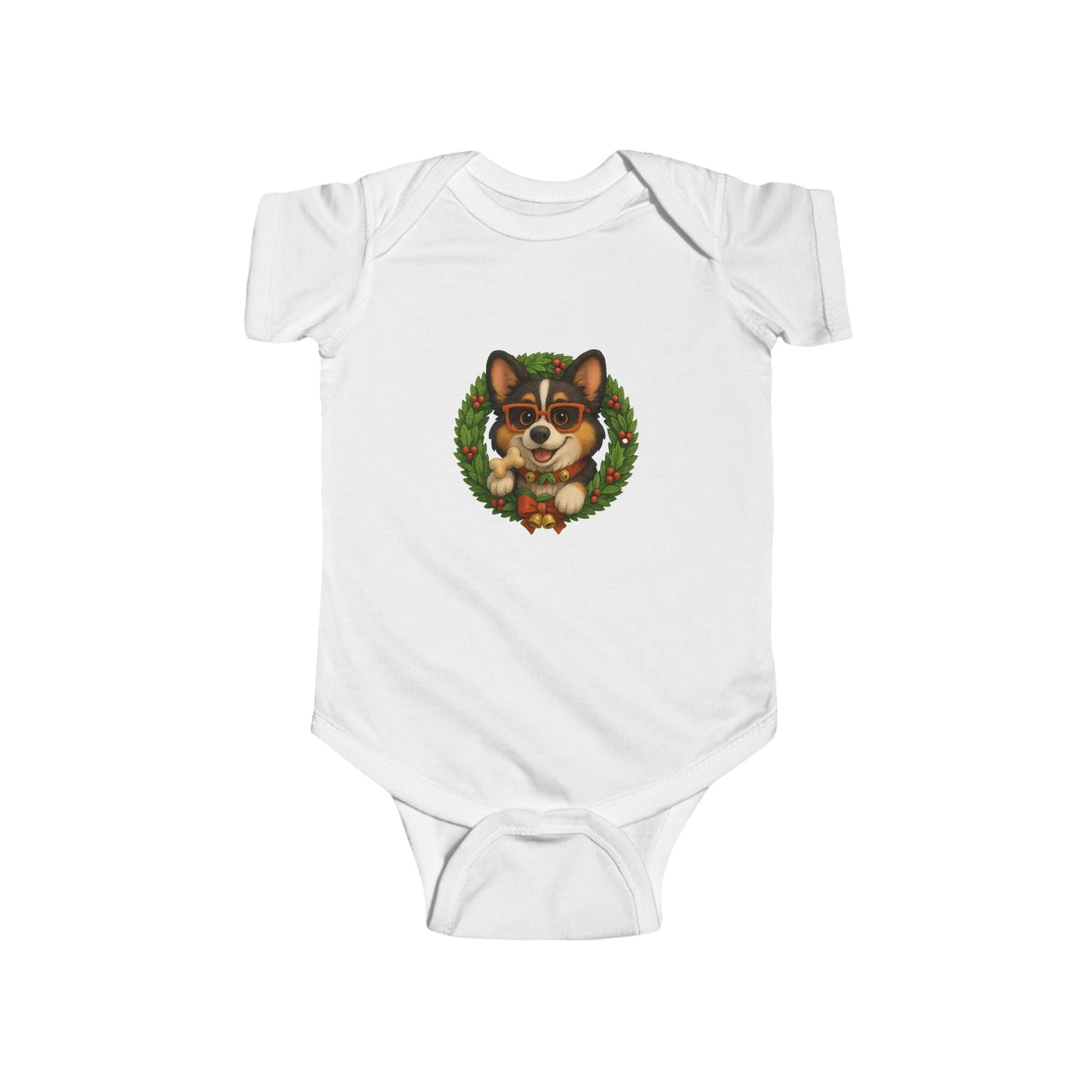 Baby Onesie with Corgi in Christmas Wreath – Holiday Infant Bodysuit