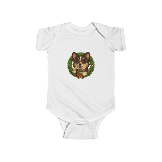 Baby Onesie with Corgi in Christmas Wreath – Holiday Infant Bodysuit